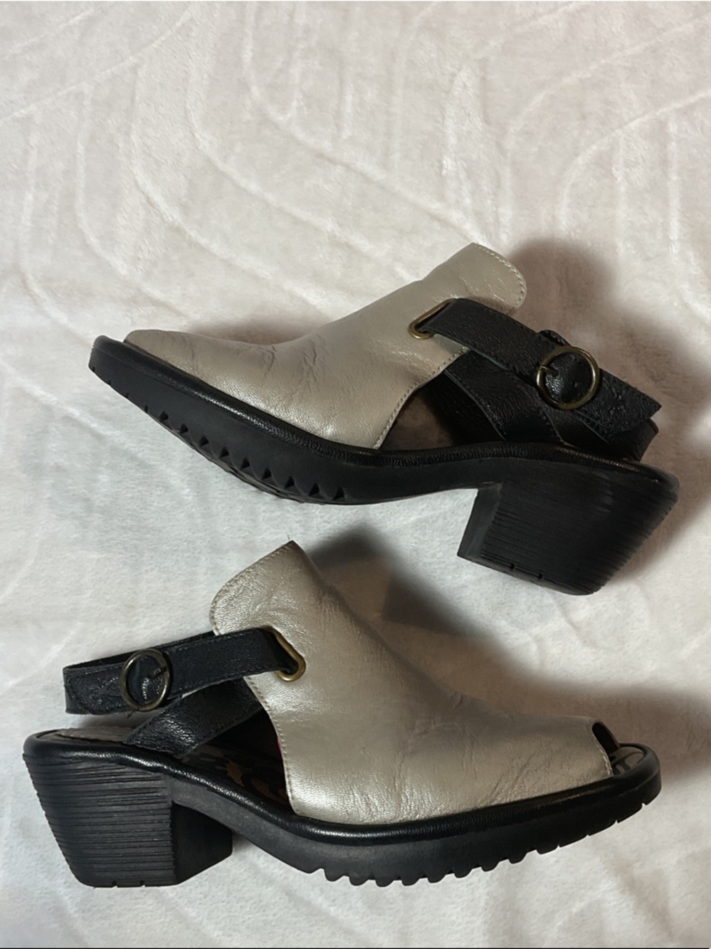 Fly London Two-Tone Cream and Black Leather Mules